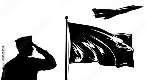 Silhouette Soldier Saluting Flag and Jet Fighter in Sky