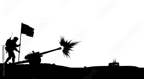 Silhouette Soldier Firing Artillery Gun with Flag and Submarine in Background