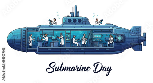 Vector illustration of a submarine with crew members on Submarine Day, showcasing naval submarine technology and operations in a blue-toned design.