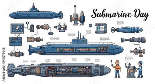 Detailed vector illustration of submarine technology and naval submarine vessel on Submarine Day with various components and crew members.