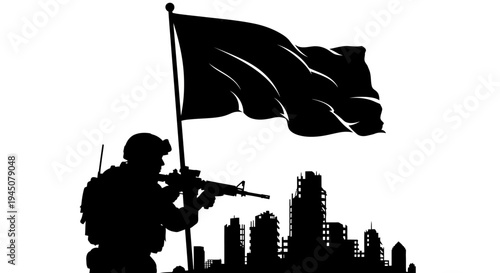 Silhouette Soldier with Flag and Cityscape - Military Victory and Urban Warfare Concept