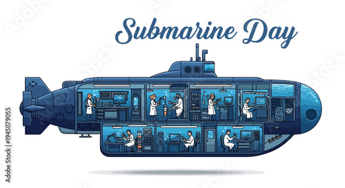 Vector illustration of a submarine with cutaway sections showing people inside, celebrating Submarine Day against a clean white background.