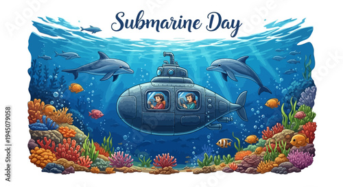 Vector illustration of a submarine surrounded by dolphins and coral reef on Submarine Day with a vibrant underwater scene.