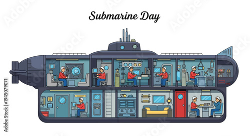 Vector illustration of a submarine's interior with people working on various naval technology and equipment on Submarine Day.