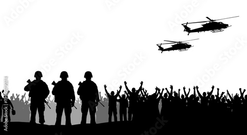 Silhouette soldiers and helicopters oversee crowd with raised hands, symbolizing control and conflict.