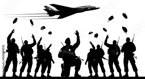 Silhouette Soldiers Salute Jet Fighter Dropping Parachutes
