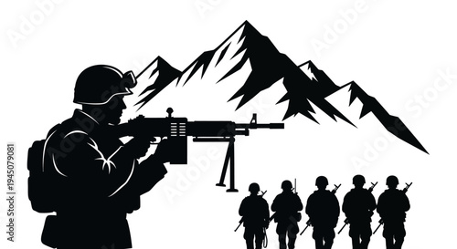 Silhouette Soldiers with Machine Gun and Mountains Background, Military Operation