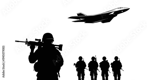 Silhouette soldiers with rifle and fighter jet flying overhead, military concept