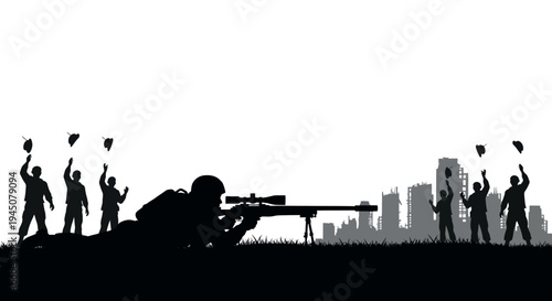 Sniper Aims at City Skyline with Celebratory Crowd Silhouette