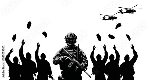 Soldier Standing Tall Amidst Falling Grenades and Helicopters