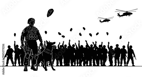 Soldier with Dog and Helicopters, Crowd Cheering, Military Operation, Freedom Symbol