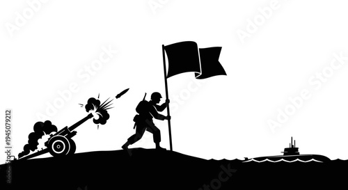 Soldier with Flag, Artillery Firing, Submarine Sailing - War and Victory Concept