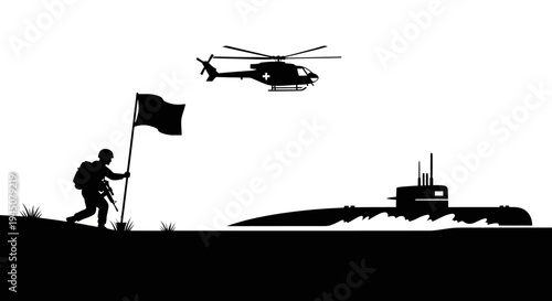 Soldier with Flag, Helicopter, and Submarine Silhouette - Military Operation