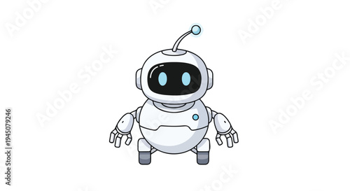 Cute Modern White Robot Character Illustration with Blue Glowing Eyes Isolated on White Background