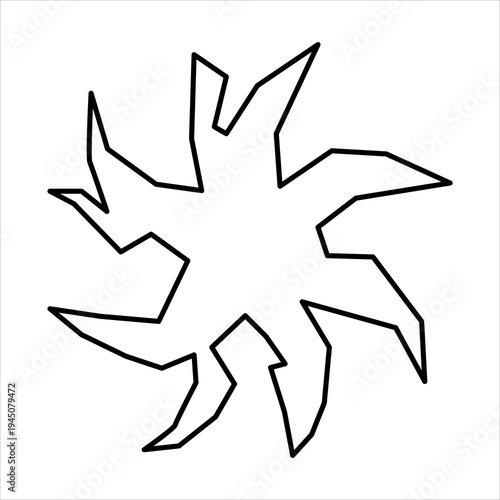 Abstract black outline of a jagged, star-like burst shape with sharp points radiating outwards on a white background, resembling a stylized explosion or crack.