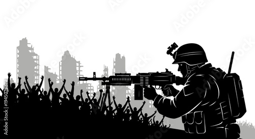 Soldier with Machine Gun in Ruined City Amidst Crowd