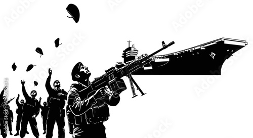 Soldier with Machine Gun and Aircraft Carrier, People Throwing Hats in Air