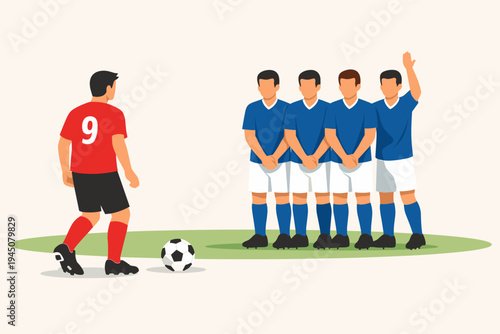 Soccer Player in Red Jersey Number 9 Preparing to Take a Free Kick Against a Defensive Wall of Four Opposing Players in Blue Uniforms on a Green Pitch, Flat Vector Illustration Design.