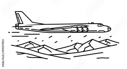 Vintage Jet Airplane Flying Over Mountain Range - Line Art Illustration