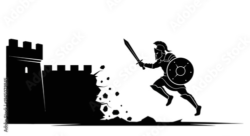 Warrior Breaking Through Castle Wall, Ancient Battle Scene, Silhouette