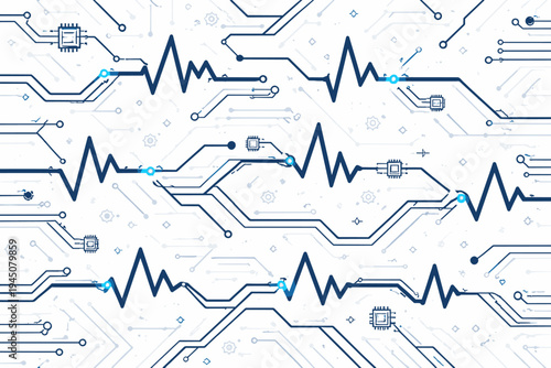 Abstract Seamless Motherboard Background with Jagged Heartbeat EKG Lines and Electronic Circuitry. Digital Health Technology Vector Illustration with Microchips and Glowing Nodes for Design.