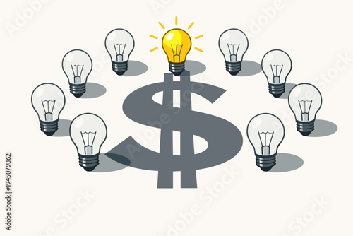 Creative Business Concept of Light Bulbs Casting a Dollar Sign Shadow, Representing Profitable Ideas, Innovation, Financial Success, Monetization, Investment, and Smart Entrepreneurial Strategy.
