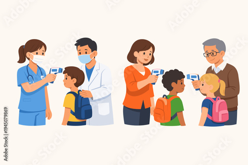 Medical Staff and Teachers Checking Students Body Temperature with Infrared Thermometers for School Health Screening, COVID-19 Prevention Safety Measures and Back to School Vector Illustration.