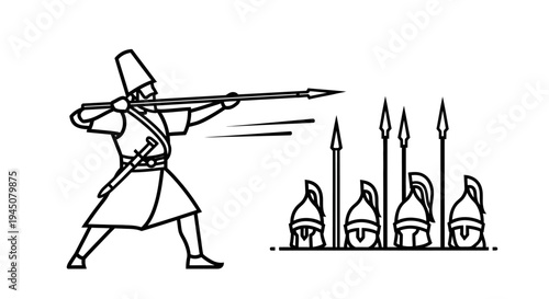 Warrior with Spear and Helmets, Historical Battle Scene, Ancient Warfare