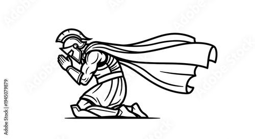 Warrior Praying Kneeling Warrior with Cape and Helmet, Ancient Soldier in Prayer