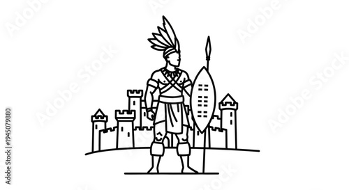 Warrior with Feathered Headdress and Shield in Front of Castle