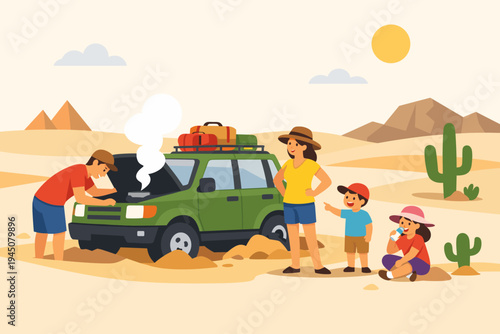 Family Road Trip Adventure with a Broken Down Car in the Hot Desert Sun; Father Inspecting Smoking Engine of Green SUV while Mother and Children Wait Patiently near Sand Dunes and Pyramids.