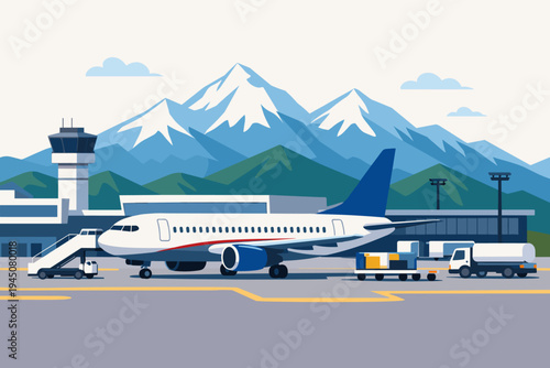 Flat vector illustration of a commercial airplane parked at an airport terminal with snow-capped mountains in the background, featuring a control tower, boarding stairs, and cargo vehicles.