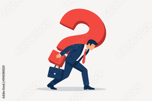 Businessman Carrying a Large Red Question Mark on His Back, Representing Uncertainty, Stress, and the Burden of Unanswered Questions in a Professional Corporate Environment, Flat Vector Art.