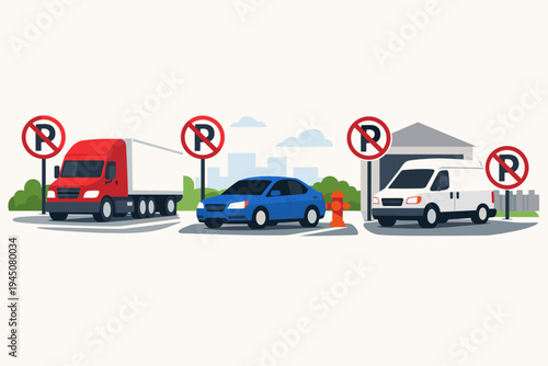 Flat Vector Illustration of a Red Semi Truck, Blue Sedan, and White Van Illegally Parked in Restricted Zones with No Parking Signs, Near a Fire Hydrant and Garage Entrance in a City Setting.