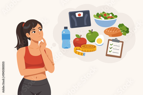 Fit young woman in sportswear thinking about a healthy diet plan and weight loss goals; flat vector illustration with icons of salad, water, fruit, scale, measuring tape, and checklist.