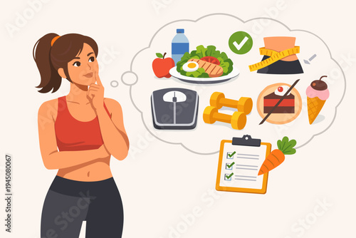 Vector Illustration of a Fit Woman Thinking About a Healthy Diet Plan and Fitness Routine, Featuring Icons for Nutrition, Exercise, Weight Loss, Meal Planning, and Wellness Goals.