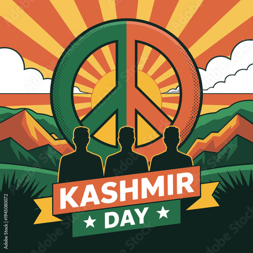 Kashmir Day illustration with peace sign and mountain landscape