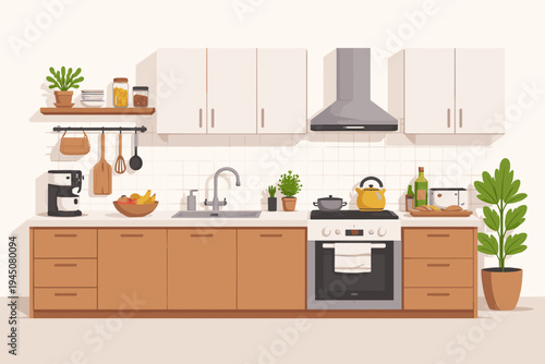 Modern kitchen interior vector illustration with white and wooden cabinets, stove, range hood, sink, coffee maker, toaster, and kettle. Cozy home cooking space with plants and utensils in flat style.