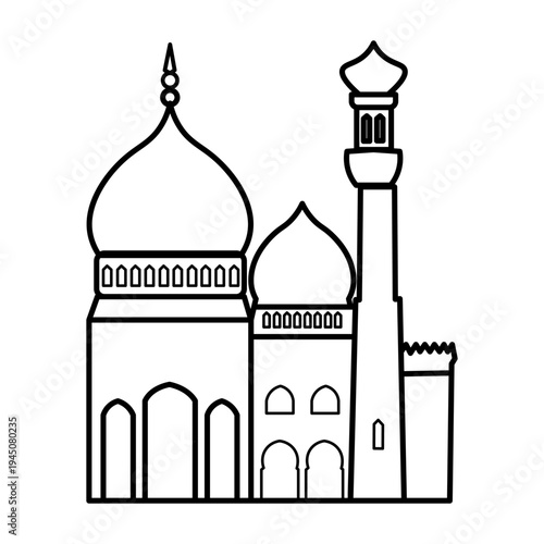 Black and white outline drawing of a mosque with multiple domes and a tall minaret, depicting Islamic architecture.