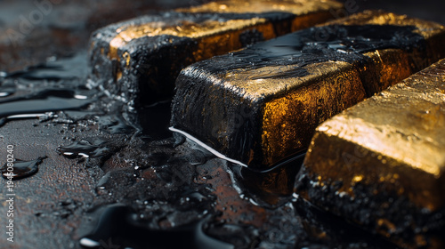 Dark, wet surface holds gleaming gold bars