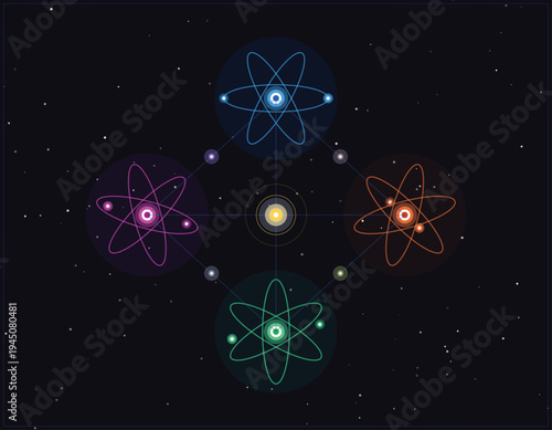 Cosmic Atomic Realm: a captivating illustration of atomic structures intertwined within the vast expanse of space, showcasing the interconnectedness of fundamental elements in the universe.