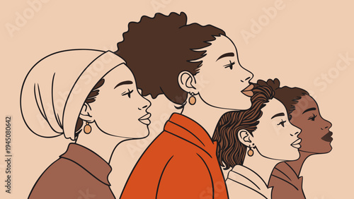 A minimalist illustration depicting the profiles of four diverse women