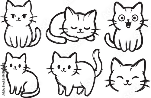 HAND drawingSet of 6 cute cat icons vector