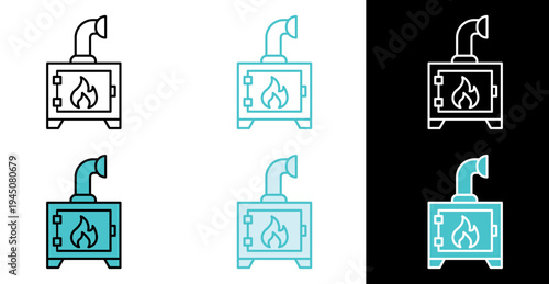 Wood burning stove with chimney and flame icon for indoor heating systems in line and fill style
