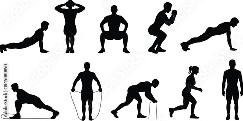 Black silhouette illustration of people including woman man girl and boy running jumping and doing exercise in active sport poses