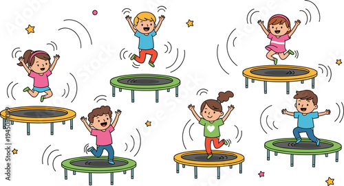 Happy kids jumping on trampoline playground activity energetic children fun outdoor play cartoon vector illustration set