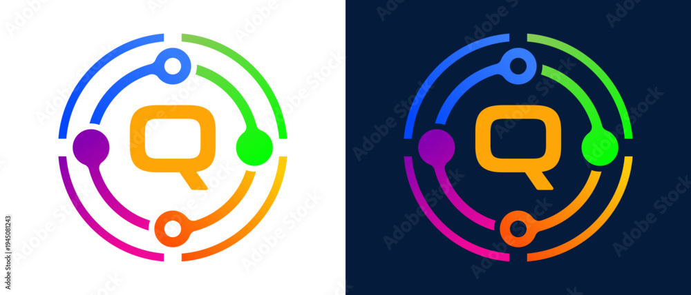 Fototapeta premium Modern letter “Q” logo with colorful circular connection elements, representing digital technology, network connectivity, innovation, and smart systems.