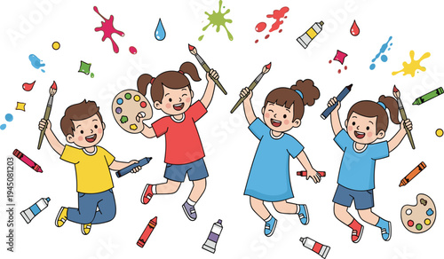 Happy kids painting and drawing with brushes crayons palette colorful art creativity children vector illustration set