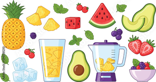 Fresh fruit smoothie ingredients collection with pineapple watermelon avocado berries blender healthy drink vector illustration set
