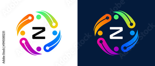 Modern letter “Z” logo with a digital technology and connectivity concept Circular abstract design featuring vibrant gradient elements that symbolize innovation, collaboration, artificial intelligence